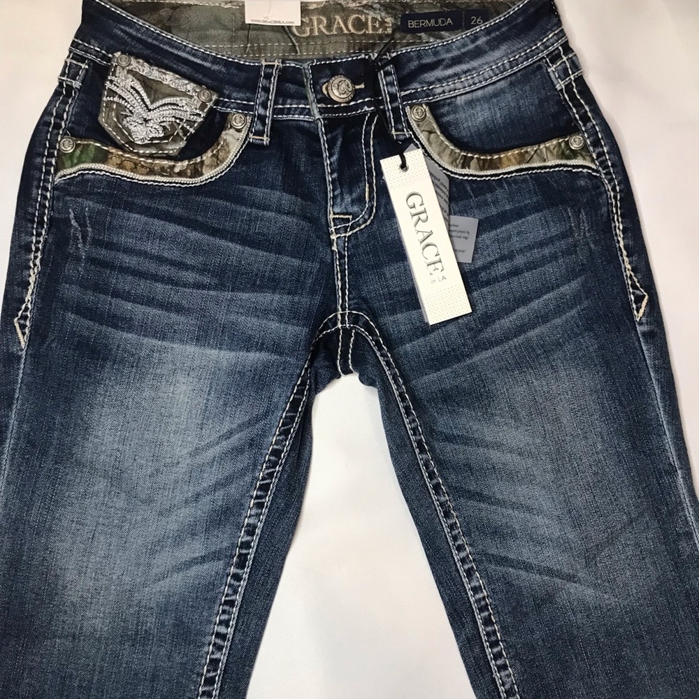 Grace In LA Shorts Womens 26 Camo Bermuda Denim Jeans Stretch Rhinestone New